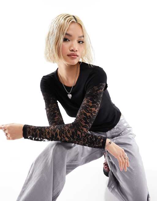 ASOS DESIGN - T-shirt nera con strato in pizzo