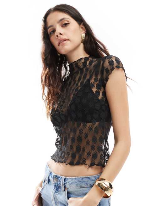 ASOS DESIGN - T-shirt nera corta in pizzo a fiori