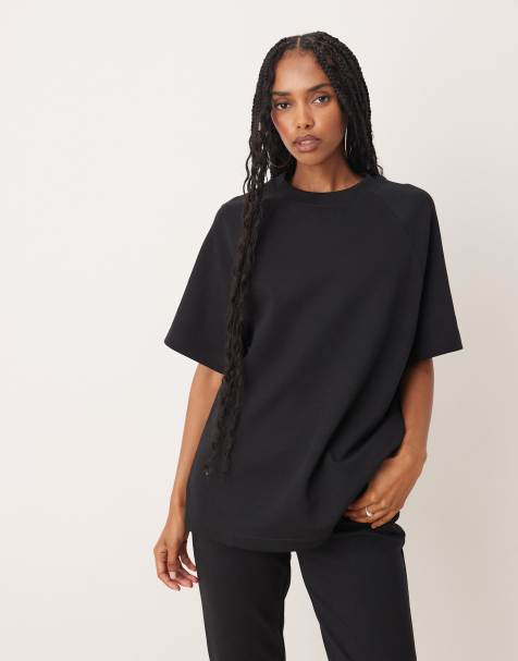 ASOS DESIGN - T-shirt nera in interlock con maniche raglan in coordinato - view 1