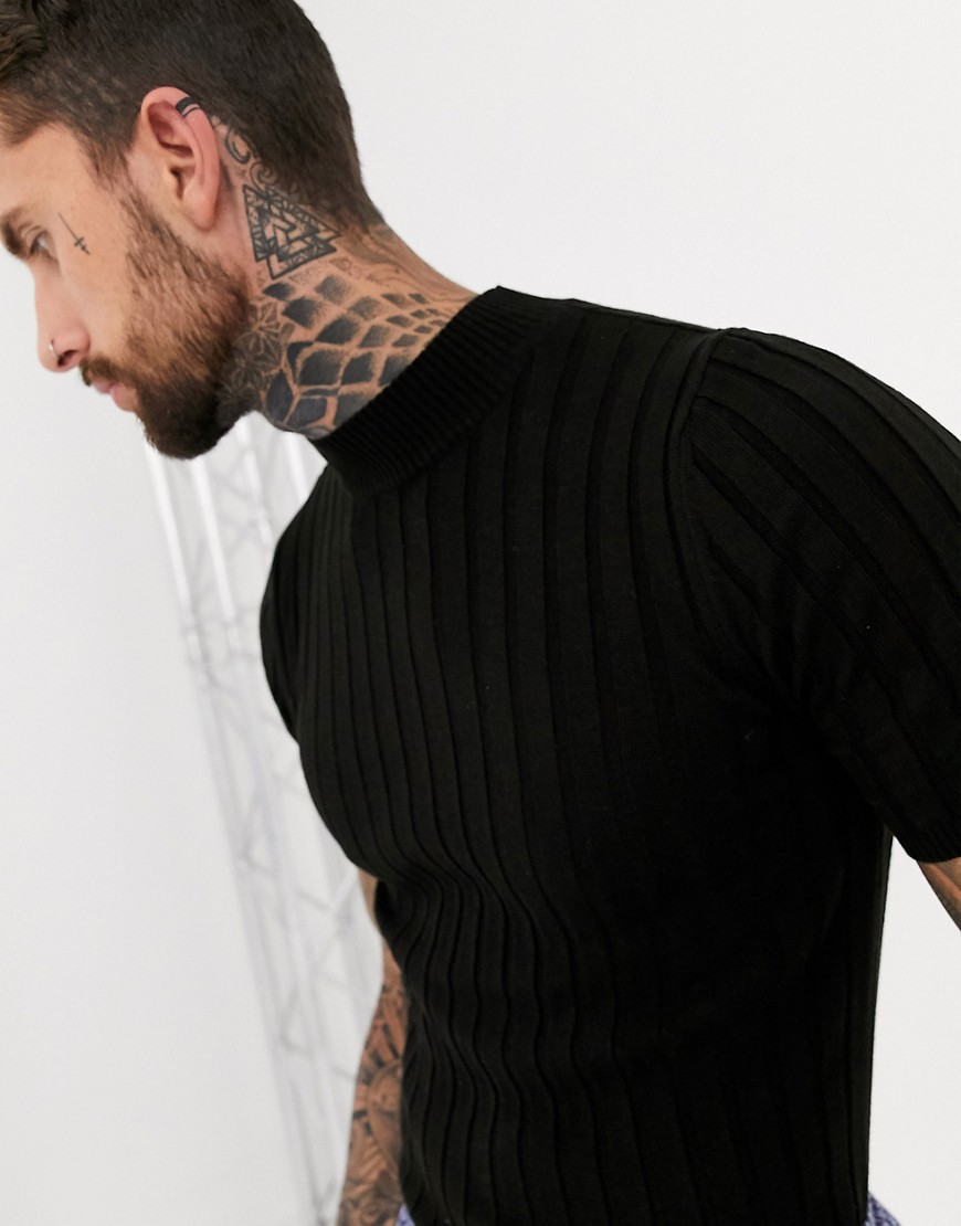 ASOS DESIGN - T-shirt nera in maglia a coste con collo alto-Nero