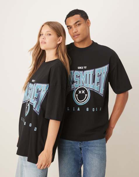 ASOS DESIGN - T-shirt nera unisex oversize con stampa Smile - view 1