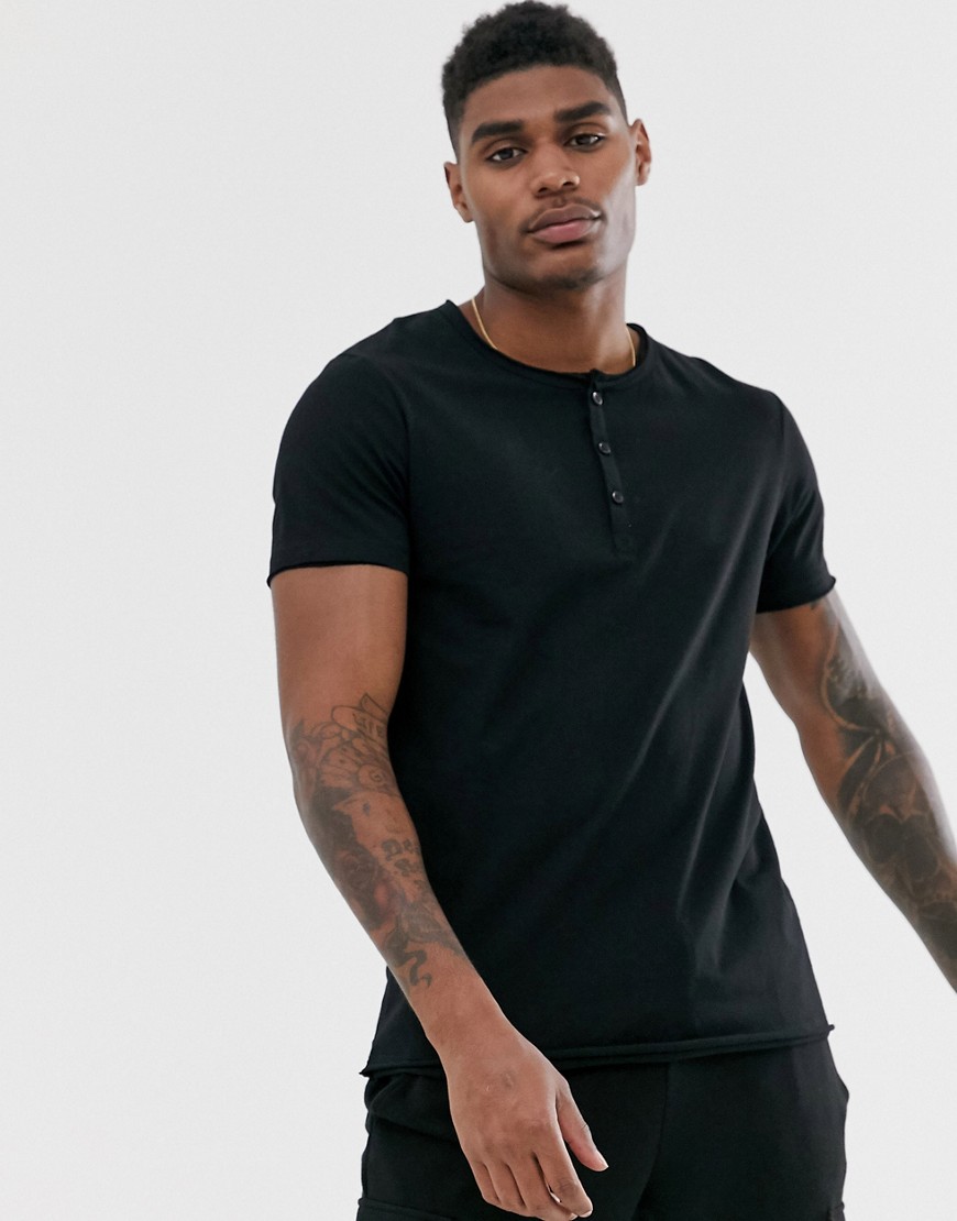 ASOS DESIGN - T-shirt nero con scollo rotondo e bottoni