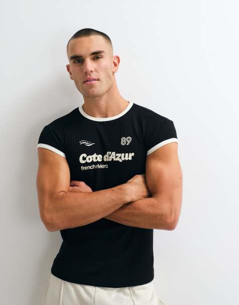 ASOS DESIGN T-shirt o kroju podkreślającym sylwetkę z 89 Cote w kolorze czarnym, prążkowany - view 1