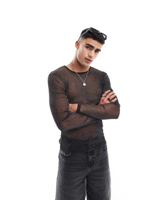 ASOS DESIGN – T-shirt o kroju podkreślającym sylwetkę z długim rękawem z brokatowej siateczki