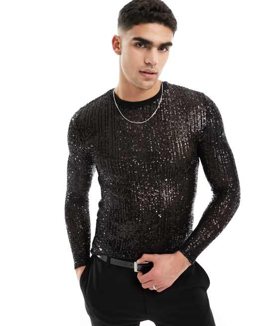 ASOS DESIGN – T-shirt o kroju podkreślającym sylwetkę z długim rękawem z cekinowej siateczki