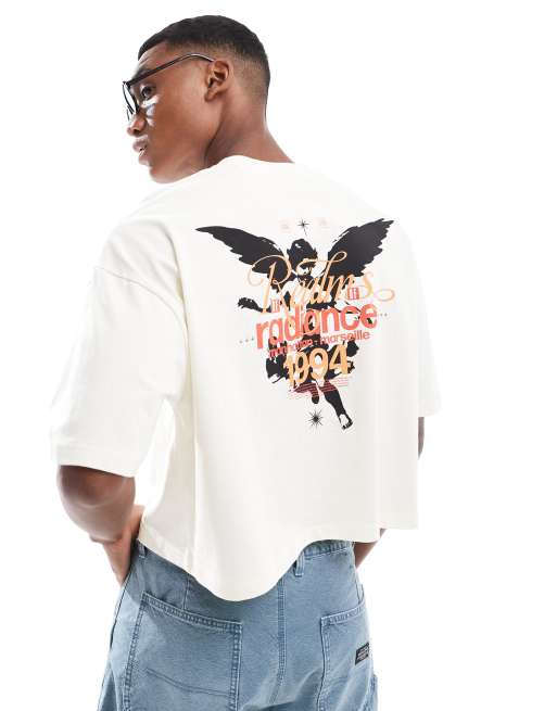 ASOS DESIGN – T-shirt o krótkim fasonie oversize w kolorze złamanej bieli z nadrukiem na plecach