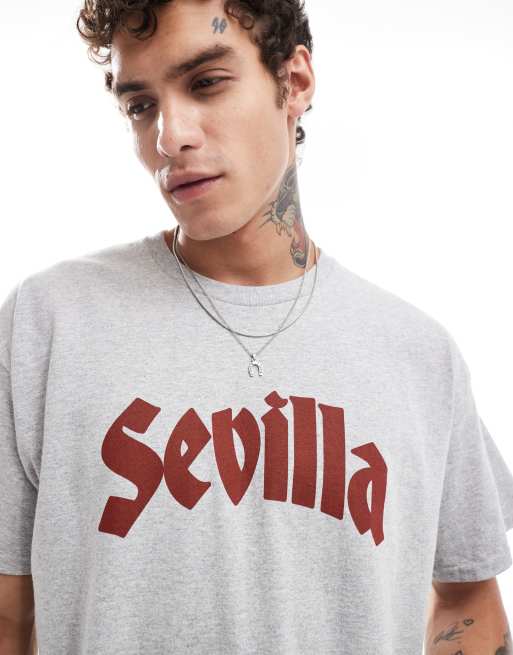 ASOS DESIGN – T-shirt o krótkim fasonie oversize w szarym melanżowym kolorze z napisem „Sevilla” z przodu