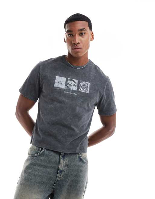 ASOS DESIGN – T-shirt o krótkim fasonie w spranym czarnym kolorze z nadrukiem w stylu grunge z przodu
