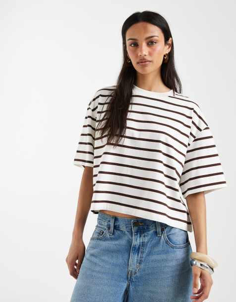 ASOS DESIGN – T-shirt o krótkim pudełkowym fasonie w czekoladowo-kremowe paski - view 1