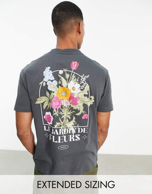 ASOS DESIGN – T-shirt o luźnym fasonie w spranym czarnym kolorze z kwiatowym nadrukiem na plecach