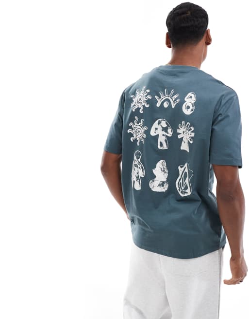 ASOS DESIGN – T-shirt o luźnym kroju w zgaszonym niebieskim kolorze z nadrukiem na plecach