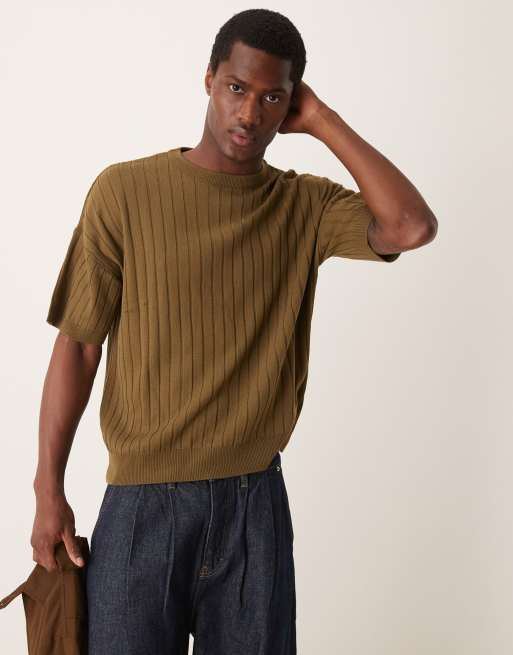 ASOS DESIGN – T-shirt o luźnym pudełkowym kroju z prążkowanej dzianiny w kolorze khaki