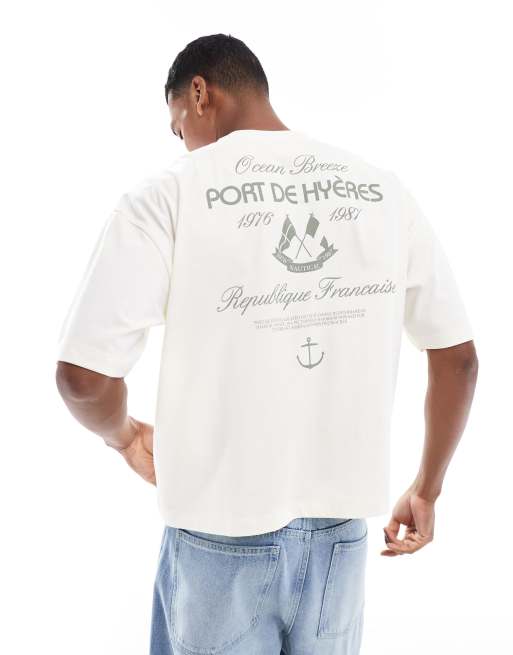 ASOS DESIGN – T-shirt o pudełkowym kroju oversize w kolorze ecru z żeglarską grafiką