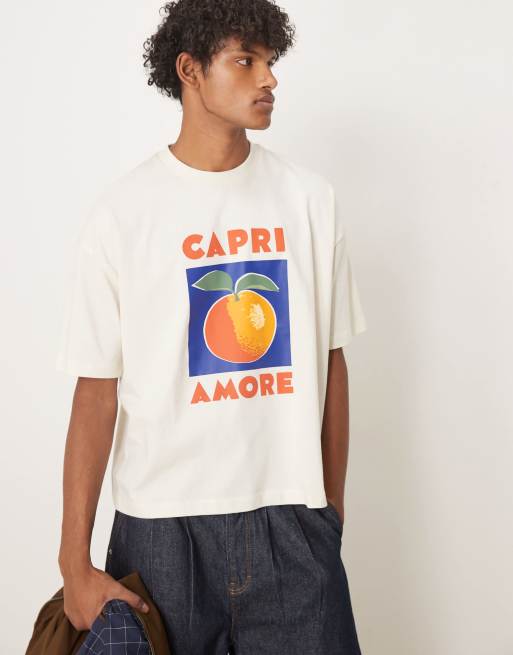 ASOS DESIGN – T-shirt o pudełkowym kroju oversize w kolorze złamanej bieli z nadrukiem z owocem z przodu