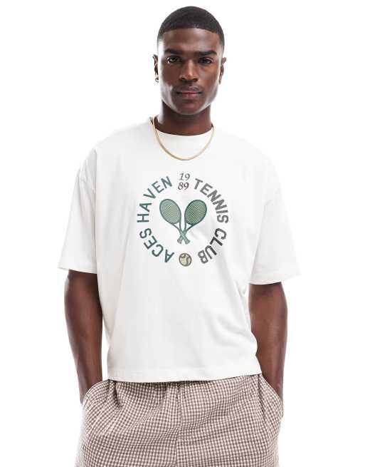 ASOS DESIGN – T-shirt o pudełkowym kroju oversize w kolorze złamanej bieli z nadrukiem z przodu