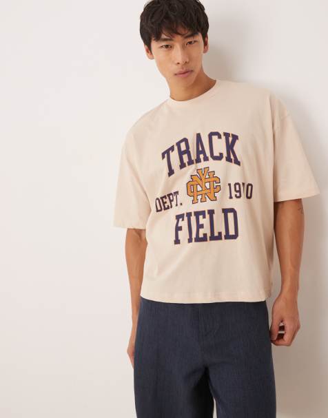 ASOS DESIGN boxy oversized t-shirt with varsity graphic in neutral