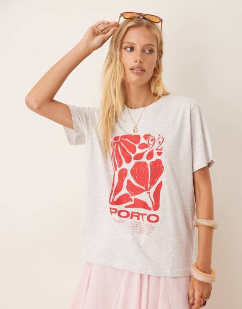 ASOS DESIGN – T-shirt o regularnym kroju w szarym melanżowym kolorze z napisem „Porto” - view 1