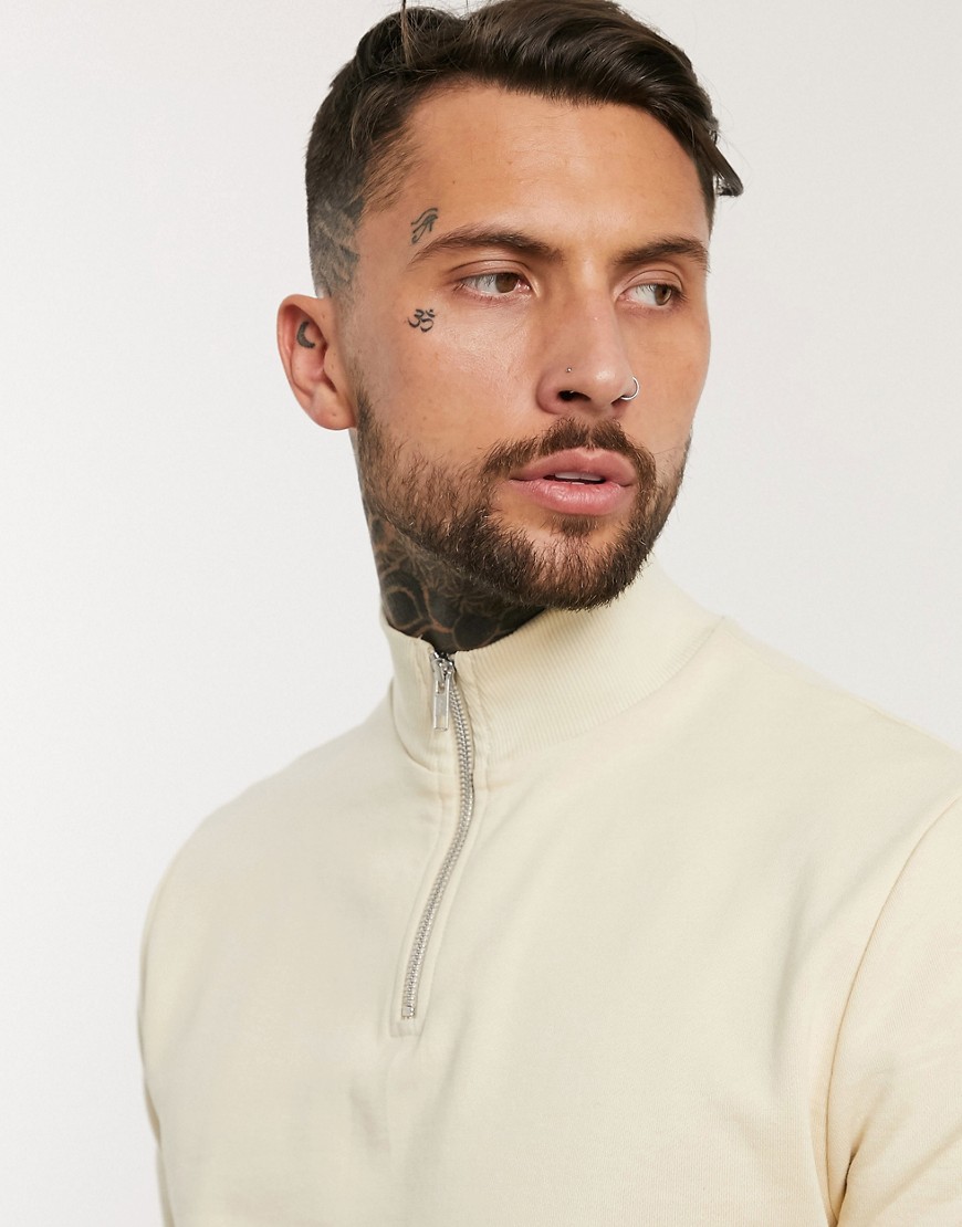 ASOS DESIGN - T-shirt organica beige super pesante con zip corta