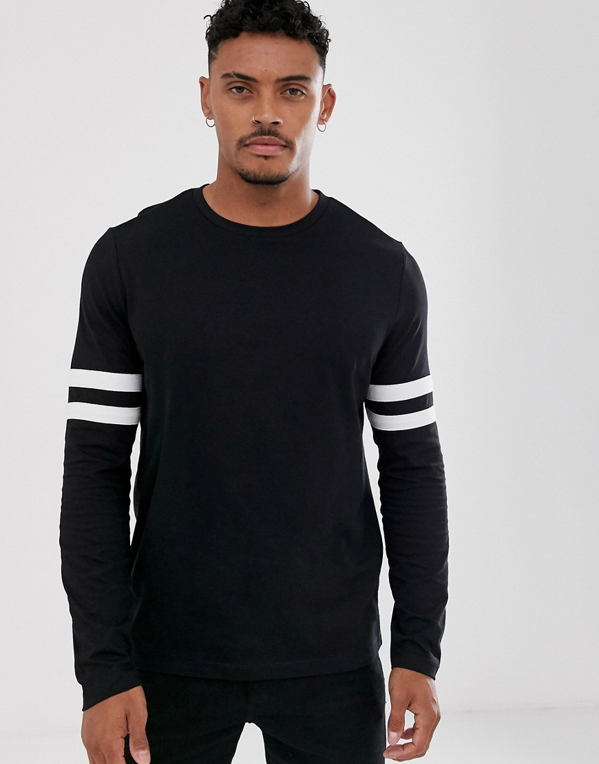 ASOS DESIGN - T-shirt organica stretch nera con maniche lunghe con righe a contrasto-Nero