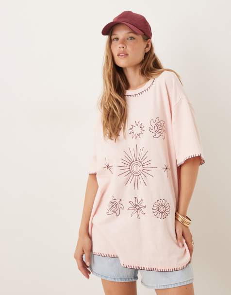 ASOS DESIGN - T-shirt oversize à broderie soleil - Rose - view 1