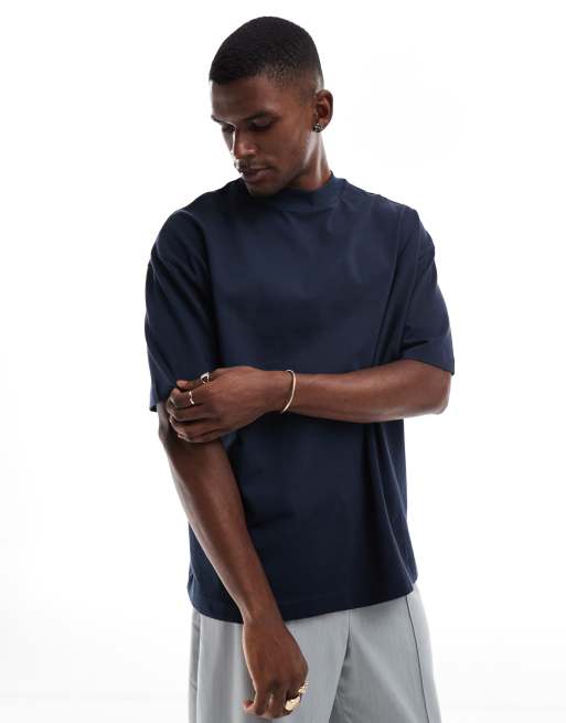 ASOS DESIGN - T-shirt oversize à col montant en tissu épais - Bleu marine 