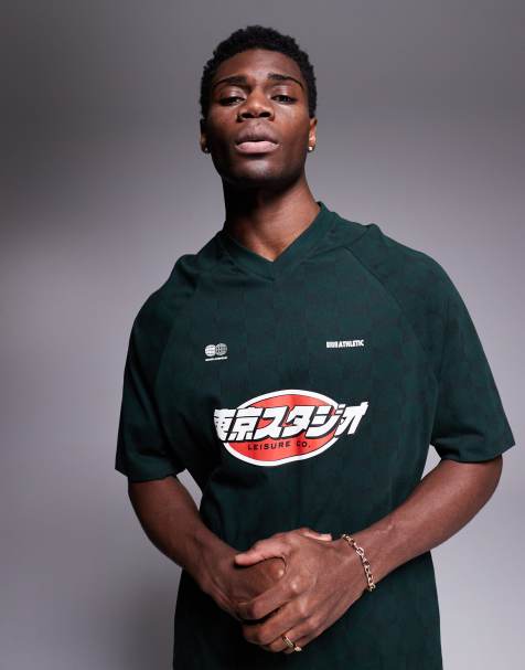 ASOS DESIGN - T-shirt oversize à col V et imprimé style sport - Vert foncé - view 1