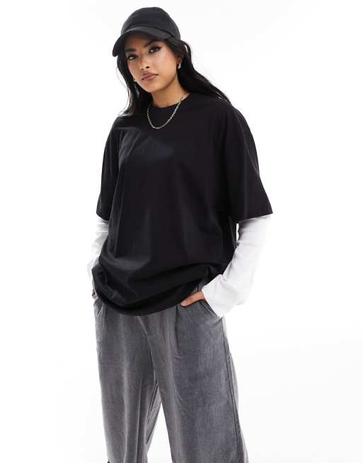 ASOS DESIGN - T-shirt oversize a doppio strato color nero e bianco