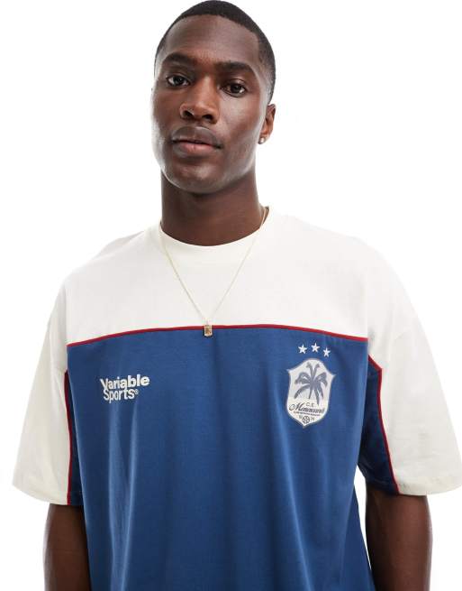 ASOS DESIGN - T-shirt oversize à empiècements effet coupé-cousu style sport - Bleu marine