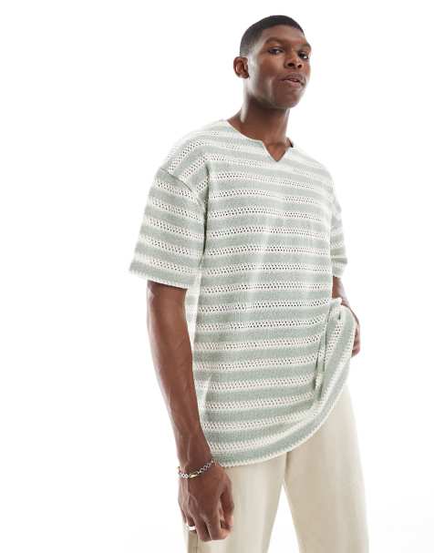 ASOS DESIGN - T-shirt oversize à encoche au niveau de l'encolure et rayures texturées - Vert et crème - view 1