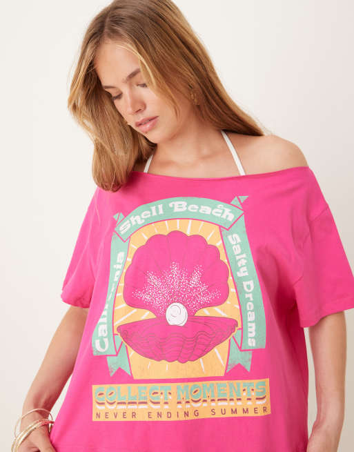 ASOS DESIGN - T-shirt oversize à épaules dénudées et imprimé coquille d'huître - Rose, 4 de 4