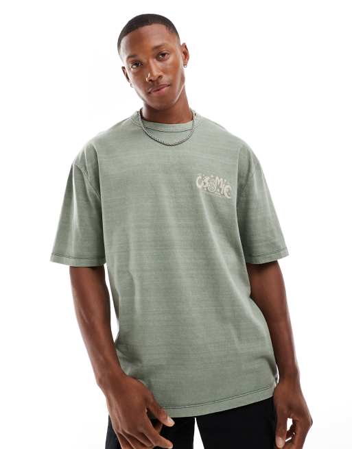 ASOS DESIGN - T-shirt oversize à imprimé céleste sur la poitrine - Vert délavé