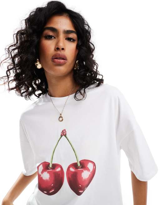 Asos Design T Shirt Oversize à Imprimé Cerises Blanc Asos 8790