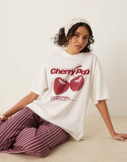ASOS DESIGN - T-shirt oversize à imprimé Cherry Pop - Blanc