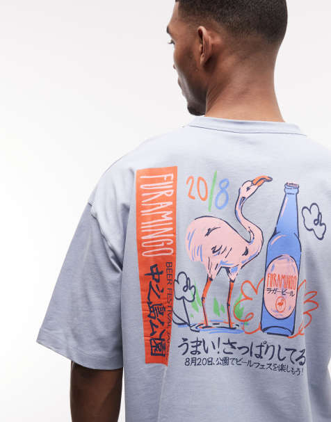 ASOS DESIGN - T-shirt oversize à imprimé flamant rose - Bleu délavé - view 1