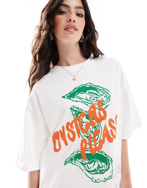 ASOS DESIGN - T-shirt oversize à imprimé huîtres - Blanc