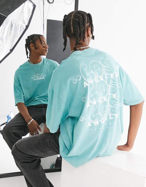 ASOS DESIGN - T-shirt oversize à imprimé Los Angeles sur le devant et au dos - Bleu délavé