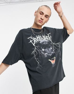 T-shirts et débardeurs T-shirt oversize à imprimé panthère sur le devant - Noir délavé