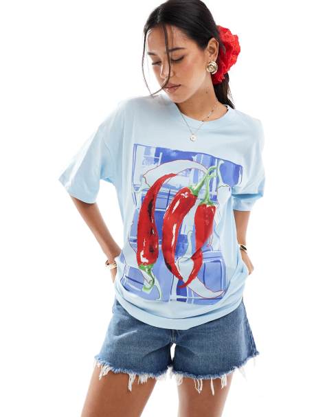 ASOS DESIGN - T-shirt oversize à imprimé piments abstraits - Bleu pastel - view 1