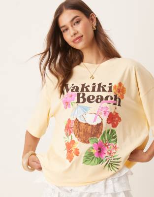 ASOS DESIGN - T-shirt oversize à imprimé vacances tropicales - Beurre - view 1