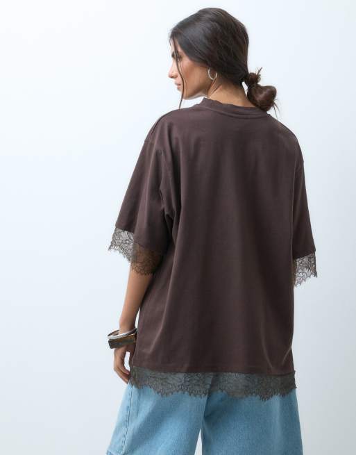 ASOS DESIGN - T-shirt oversize à manches courtes avec détail en dentelle - Marron, 3 de 4