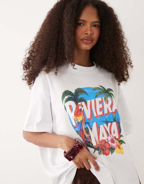 ASOS DESIGN - T-shirt oversize à manches courtes et imprimé Riviera Maya - Blanc - view 1