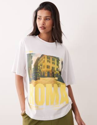 T-shirt oversize à manches courtes et imprimé Roma - Blanc-Multicolore S