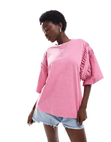 ASOS DESIGN - T-shirt oversize à manches froncées - Rose délavé - view 1
