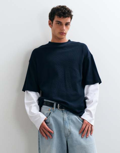 ASOS DESIGN t-shirt oversize à manches longues avec double couche en bleu marine gaufré - view 1
