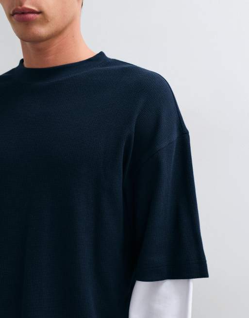 ASOS DESIGN t-shirt oversize à manches longues avec double couche en bleu marine gaufré, 3 de 5