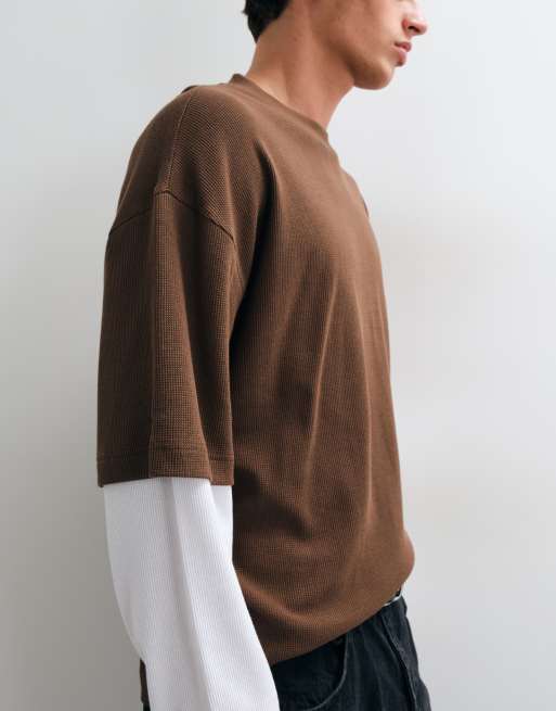 ASOS DESIGN t-shirt oversize à manches longues avec double couche marron gaufré, 3 de 5