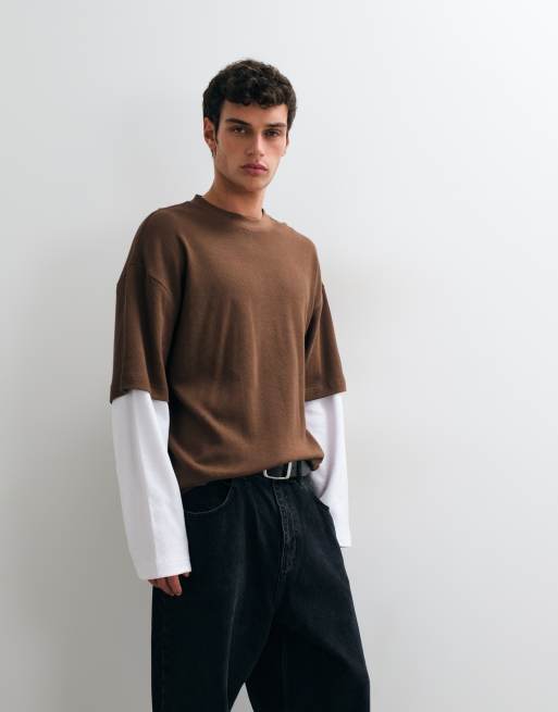 ASOS DESIGN t-shirt oversize à manches longues avec double couche marron gaufré, 4 de 5