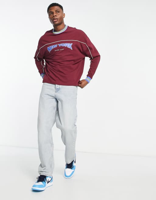 ASOS DESIGN - T-shirt oversize à manches longues avec imprimé New York - Bordeaux, 4 de 4