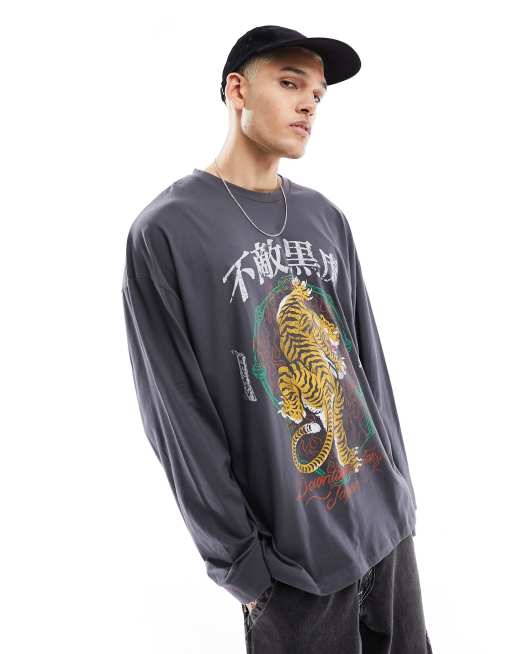 ASOS DESIGN - T-shirt oversize à manches longues avec imprimé tigre vintage - Noir