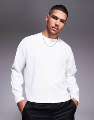 ASOS DESIGN - T-shirt oversize à manches longues coupe carrée en tissu épais - Blanc